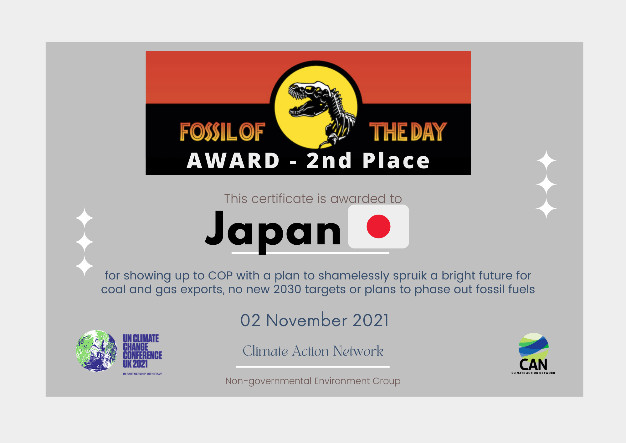 【News】Prime Minister Kishida’s COP26 speech wins Japan “Fossil of the Day” award